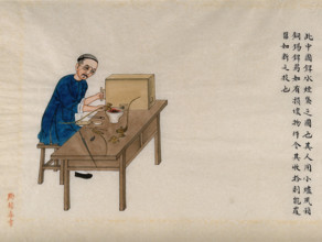 A man making waterpipes: working at a table with a small furnace and various tools, 1890. Creator: Pei Qun Zhou.
