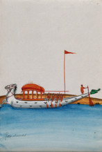 Four men row a long boat with a domed canopy, shaped as two horses in..., (between 1800 and 1899?). Creator: Unknown.