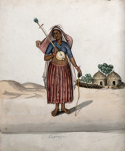 A village woman carrying a musical instrument in one hand, a stick with..., (between 1800 and 1899?) Creator: Unknown.