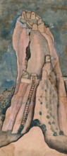 Men climbing a large cliff to reach the fortress on top, (between 1800 and 1899?). Creator: Unknown.