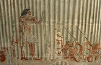 Relief detail  of hunting scene before Ti standing on a ship, Mastaba of Ti, Egypt,  2003. Creator: Unknown.