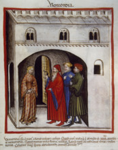 Woman embarrassed before a group of men, 14th century.  Creator: Unknown.