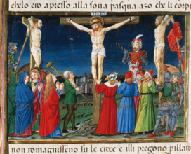 After speaking with Mary, Jesus dies while the sun eclipses, Italian miniature, 1476.  Creator: Cristoforo De Predis.