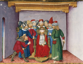 Miniature depicting Jesus, in crimson robes, tortured and mocked, 1476.  Creator: Cristoforo De Predis.
