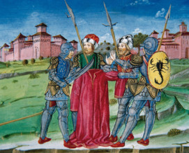 Miniature depicting soldiers raffling the tunic of Jesus, 1476.  Creator: Cristoforo De Predis.
