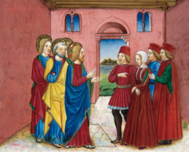 Miniature depicting the Pharisees bringing before Jesus a woman accused of adultery, 1476.  Creator: Cristoforo De Predis.