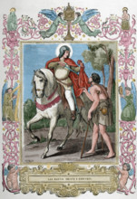 St Martin of Braga (520-589) sharing his cloak with a beggar, 1853. Creator: Cibera.