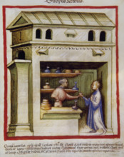 An apothecary gives vinegar syrup to a man, 14th century.  Creator: Unknown.