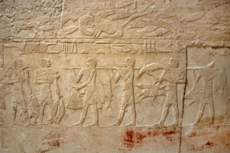 Carrying the fishing, polychrome relief, Mastaba of Kagemni, Saqqara, Egypt, Old Kingdom (2003). Creator: Unknown.