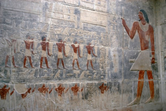 Offering bearers and deceased's portrait, polychrome relief, Mastaba of Kagemni, Saqqara,Egypt, 2003 Creator: Unknown.