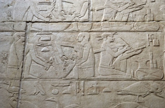 Feeding a cow and scribe relief, Mastaba of Kagemni, Saqqara, Egypt, 2350 BC (2003). Creator: Unknown.