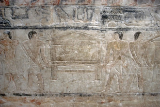 Men carrying a chest relief,  Mastaba of Mereruka, Saqqara, Egypt, Old Kingdom, 2340 BC (2003). Creator: Unknown.