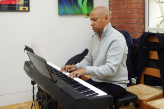 Terence Collie, Stuart Henderson Quartet, Clocktower Cafe Jazz Club, Croydon, London, April 2025. Creator: Brian O'Connor.