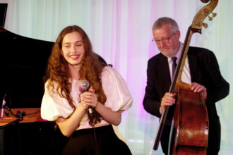 Anais Reno and Dave Green, Anais Reno Quartet, Watermill Jazz Club, Dorking, Surrey, July 2024. Creator: Brian O'Connor.