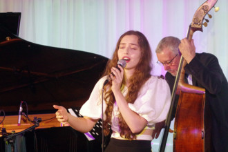 Anais Reno and Dave Green, Anais Reno Quartet, Watermill Jazz Club, Dorking, Surrey, July 2024. Creator: Brian O'Connor.
