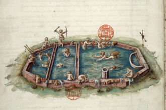Bains de Néris-les-Bains. Miniature from Générale description du pais et duché de..., 1561-1574. Creator: Anonymous master.