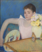 Girl in Pink with a Fan, 1889. Creator: Cassatt, Mary (1845-1926).