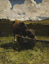 Brown cow at the Watering Place, 1887. Creator: Segantini, Giovanni (1858-1899).