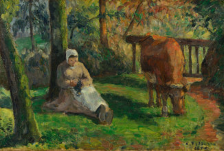Peasant Woman and Cow, Montfoucault, 1875. Creator: Pissarro, Camille (1830-1903).