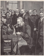 Graham Bell inaugurates the new telephone line from New York to Chicago, 1892. Creator: Thiriat, Henri (1843-1926).