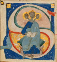 Initial "S" with miniature of the Trinity as singer with three heads, before 1400. Creator: Anonymous.