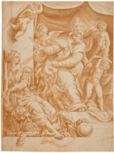Pope Sylvester with surrounding putti and Allegory of Fortitude. Creator: Romano, Giulio, (after)  .