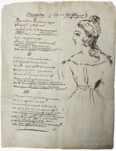 The autograph manuscript of the poem Stanzas by M. Lermontov with a Portrait of Ekaterina..., 1830. Creator: Lermontov, Mikhail Yuryevich (1814-1841).
