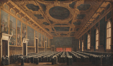 The Doge and Grand Council in Sala del Maggior Consiglio, c1763. Creator: Canaletto (1697-1768).