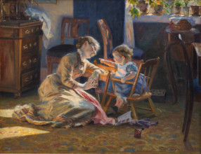 Sunshine in the Living Room. The Artist's Wife and Child, 1888. Creator: Pedersen, Viggo Christian Frederik Vilhelm (1854-1926).