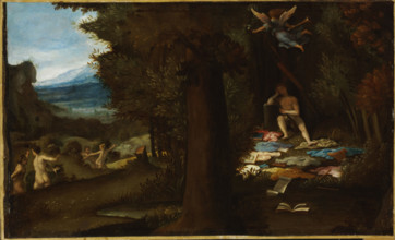 The Sleeping Apollo with the Fleeing Muses and Fame Soaring Away, c1539 . Creator: Lotto, Lorenzo (1480-1556).