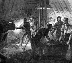 Life on board a troop-ship: the stokehole, 1874. Creator: Unknown.