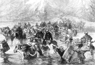 The Mission to Yarkund: crossing the Shayok below the Khardung Pass, 1874. Creator: Unknown.