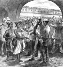 The Ashantee War: paying...Fantee women carriers at Cape Coast Castle...by our special artist, 1874. Creator: Unknown.