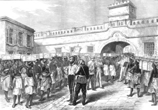 Sketches of the Ashantee War: women leaving Cape Coast Castle with provisions for the troops, 1874. Creator: Unknown.