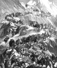 The Yarkund Mission: mules and baggage-train going over the Grim (Sanjoo) Pass, 1874. Creator: Unknown.