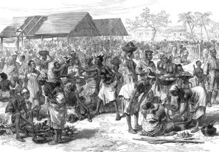 The Ashantee War: general market, Cape Coast Castle - from a sketch by our special artist, 1874. Creator: Unknown.