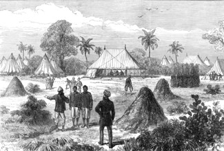The Ashantee War: Captain Glover's head-quarters at Addah, from a sketch by our special artist, 1874 Creator: C. R..