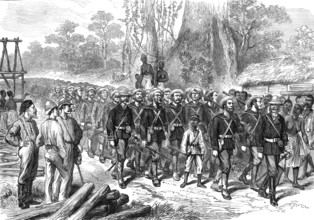 The Ashantee War: arrival of the Naval Brigade in Camp at Prahsu - by our special artist, 1874. Creator: Unknown.