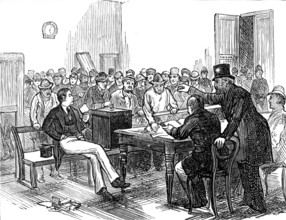 Metropolitan Boroughs election sketches: working men voting during the dinner hour, 1874. Creator: Unknown.
