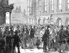 Metropolitan Boroughs election sketches: waiting for the declaration of the poll, 1874. Creator: Unknown.