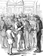 Metropolitan Boroughs election sketches: "Too Late!", 1874. Creator: Unknown.