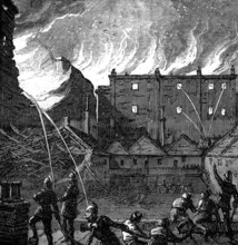 The Burning of the Pantechnicon: the fire, seen from the roof of Rice's Stables, 1874. Creator: Unknown.