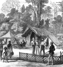 The Ashantee War: newspaper correspondents' quarters in the camp at Prah-Su, 1874. Creator: Unknown.