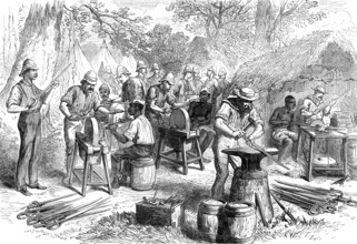 The Ashantee War: sharpening cutlasses...at Prah-Su, from a sketch by our special artist, 1874. Creator: Unknown.