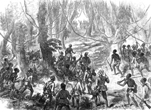 Lord Gifford and...scouts on the Adansi Hills warned by an Ashantee priest not to go forward, 1874. Creator: Unknown.