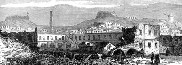 Sketches at Cartagena after the Siege: scene of explosion of Artillery Park, 1874. Creator: Unknown.