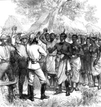 The Ashantee War: drinking the Queen's health in our camp, from a sketch by our special artist, 1874 Creators: Unknown, C. R..