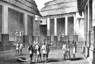 The Ashantee War: interior of Adansi chief's palace, Fomannah...officers selecting quarters, 1874. Creator: Unknown.