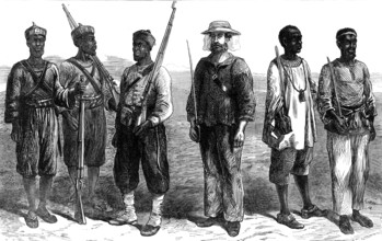The Ashantee War: sentries of the different lines of troops in camp at Prah-Su, 1874. Creator: Unknown.