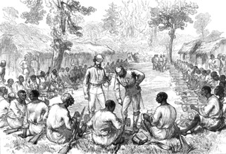 The Ashantee War: counting and inspecting ammunition of the Bonny men, 1874. Creator: Unknown.